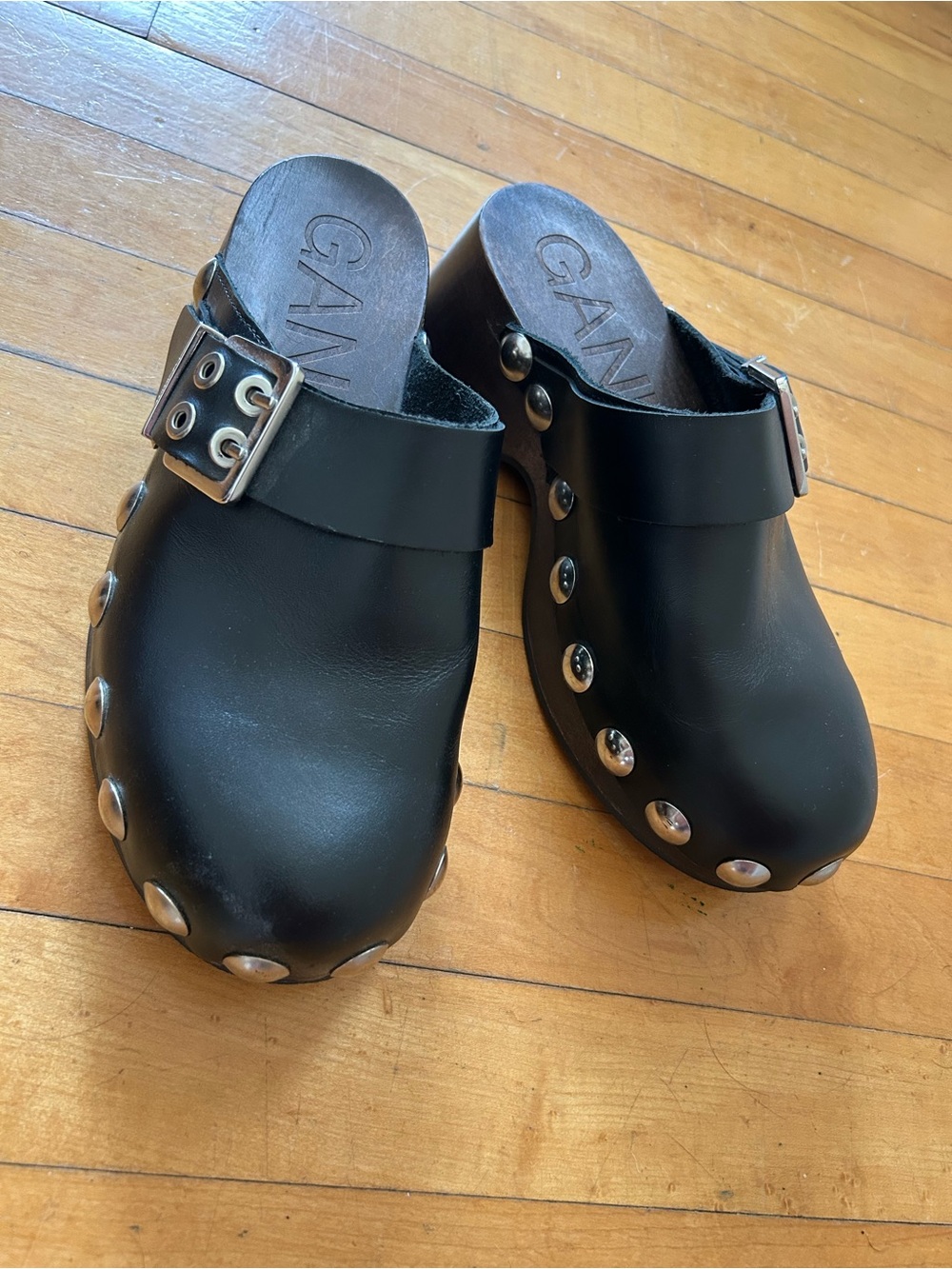 GANNI Black Studded Clog with Silver Buckle